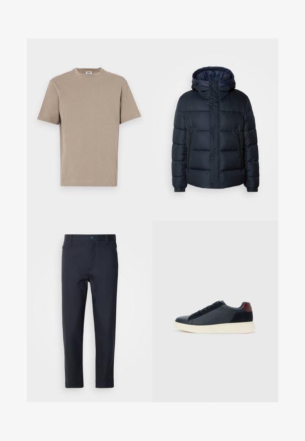 Námořnická páperová bunda s kapucí, prošívaný design, přední zip a patentky, dvě boční kapsy a pružné manžety.; Béžové bavlněné tričko s kulatým výstřihem, krátkým rukávem a rovnym lemem. Hladká textura, minimalistický design, žádné viditelné grafiky nebo akcenty.; Navy modré kalhoty na míru vyrobené z hladké tkaniny, s kapsou na zip, rovnými nohavicemi a knoflíkovým zapínáním v pase.; Nízké pánské tenisky z černé kůže a semiše s vínovým patním páskem a bílou gumovou podrážkou, pohled z vnější strany.