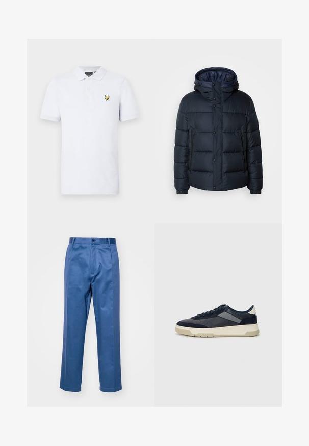Navy puffer jacket with hood, quilted design, front zip and snap closures, two side pockets, and elasticized cuffs.; Valkoinen polo-paita, joka on valmistettu puuvillasta. Ominaisuuksiin kuuluu kaulus, kolme nappia ja vasemmassa rinnassa keltainen brodeerattu logo. Lyhyet hihat.; Siniset housut, jotka on valmistettu sileästä kankaasta. Housuissa on suora lahkeiden muotoilu, napillinen sulkeminen ja hillityt ompeluyksityiskohdat.; BOSS BALTIMORE - Matalavartiset tennarit - open blue