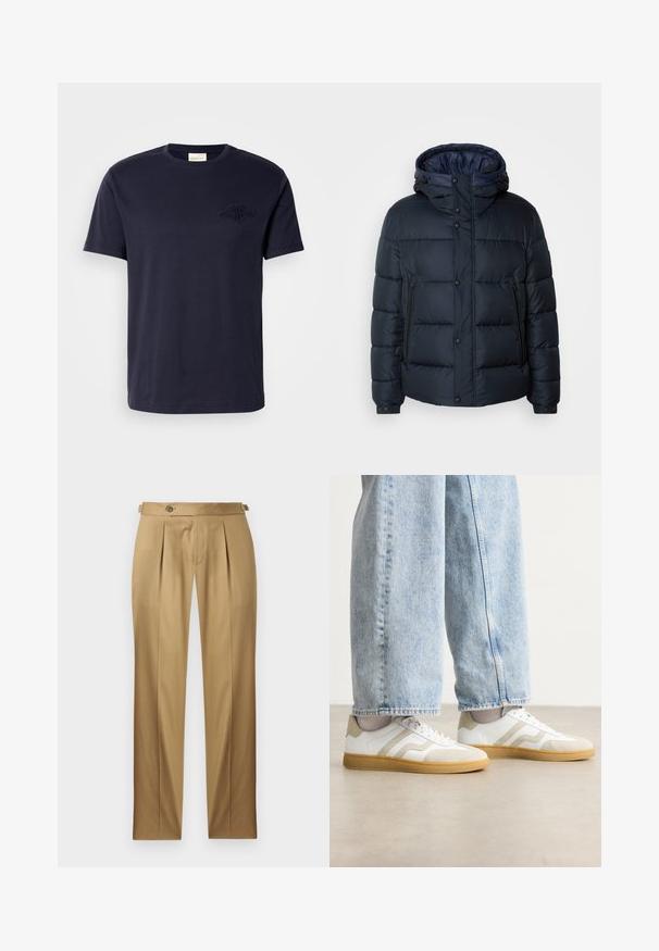 Navy puffer jacket with a hood, quilted design, front zip and snap closures, two side pockets, and elasticized cuffs.; Navy blue cotton T-shirt with short sleeves, round neck, and embroidered logo on the chest. Soft texture, straight cut, minimalist design.; Beige trousers with a straight fit, featuring pleats, a button closure, and belt loops. Smooth fabric with a clean, tailored look.; White sneakers with beige suede accents and light rubber soles; features a low-top design and textured detailing on the upper.