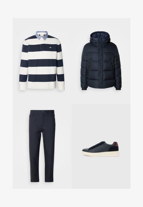 Veste matelassée marine avec capuche, design quilté, fermeture éclair et boutons-pressions à l'avant, deux poches latérales et poignets élastiques.; Polo à manches longues avec des rayures horizontales bleu marine et blanches, un col en denim bleu et un petit logo sur la poitrine.; Pantalons ajustés bleu marine en tissu lisse, dotés d'une poche zippée, de jambes droites et d'un bouton de fermeture à la taille.; Baskets basses pour hommes en cuir noir et daim avec un tirant de talon bordeaux et une semelle en caoutchouc blanche, vues depuis le côté extérieur.