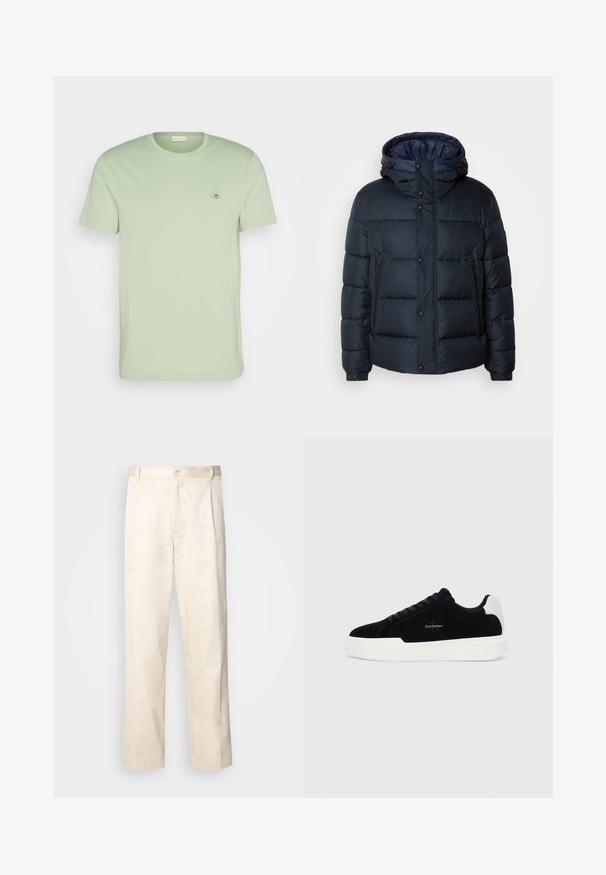 Tengerészkék pufi dzseki kapucnival, steppelt mintával, elöl cipzárral és patentos záródással, két oldalsó zsebbel és rugalmas mandzsettákkal.; GANT SHIELD - Basic póló - milky matcha; Beige pamut nadrág egyenes szárú kivágással, gombos záródással és elülső redőkkel a részletek fokozása érdekében.; Fekete alacsony szárú sneaker fehér talppal és saroktabbal, fűzős elülső résszel és Calvin Klein logóval az oldalon.