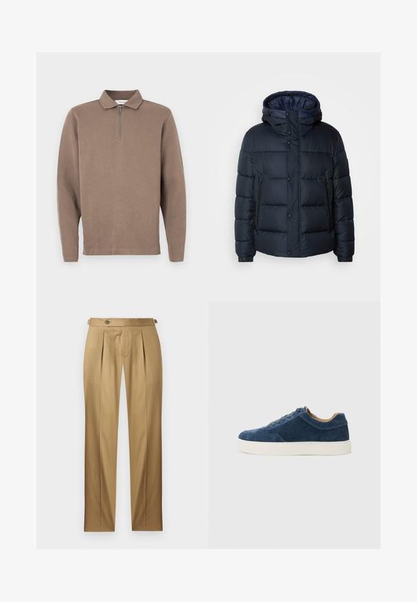 Mornarska zimska jakna s kapuco, prešita zasnova, sprednji zadrga in priponke, dve stranski žepni in elastični manšeti.; Rjava dolgii rokav polo majica z zadrgo na ovratniku, rebrasto teksturo in ravnim robom. Ima dolge rokave in sproščen kroj.; Bež hlače s pravim krojem, z naborki, zapiranjem na gumb in zankami za pas. Gladek material s čistim, krojenim videzom.; Modri semiš športni copati z belim gumijastim podplatom, zavezovanjem, okroglo konico in kontrastno rjav notranjostjo. Diskretni detajli šivov.