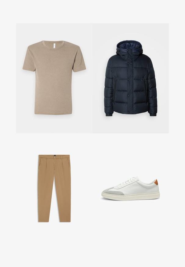 Navy puffer jacket with hood, quilted design, front zip and snap closures, two side pockets, and elasticized cuffs.; Ruskea lyhythihainen t-paita, joka on valmistettu pehmeästä puuvillasta. Tuotteessa on pyöreä kaula-aukko, ja se on yksinkertainen ilman kuvioita tai koristeluja.; Beige-housut, joissa on sileä pinta, suora leikkaus, etutaskut ja nappikiinnitys vyötäröllä.; Valkoiset nahkakengät, joissa on harmaat mikrokuituakkentit ja vaaleanruskea nahkakanta. Ominaisuuksiin kuuluu teksturoitu pinta ja kevyt pohja.