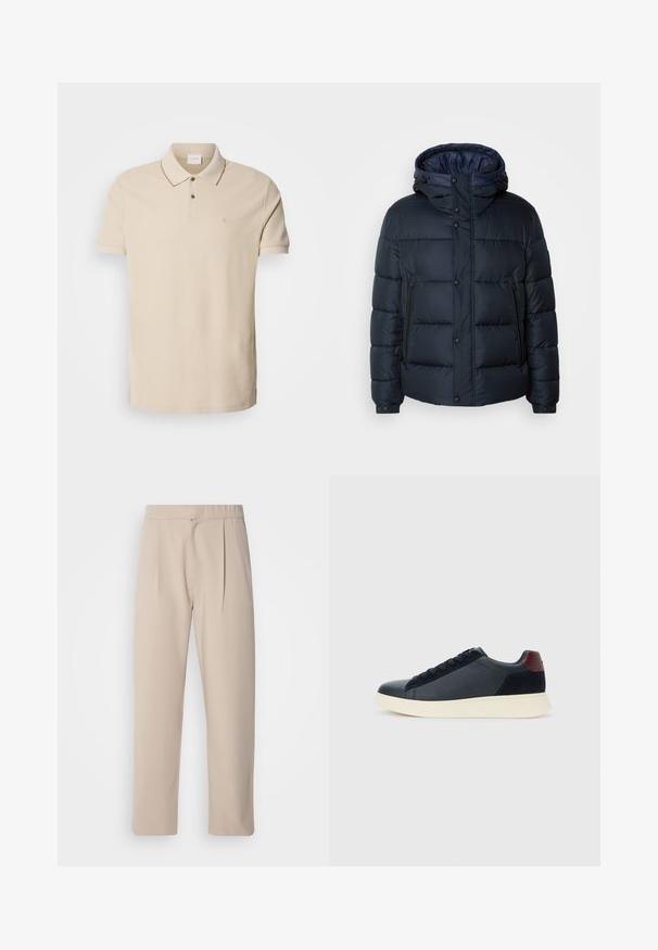 Námornícka pufovaná bunda s kapucňou, prešívaný dizajn, predný zips a druky, dve bočné vrecká a elastické manžety.; Béžová polo tričko vyrobené z bavlny, s dvojitým zapínaním na gombíky, krátkymi rukávmi a malým logom na hrudi. Detaily kontrastného šitia.; Bežové, skladané nohavice vyrobené z mäkkého materiálu. Majú elastický pás, rovné nohy a hladkú textúru. Bez vreciek alebo akcentov.; Pánske nízkopoložené tenisky z čiernej kože a semisuku s vínovým pätovým pásikom a bielou gumovou podrážkou, zobrazené z vonkajšej strany.