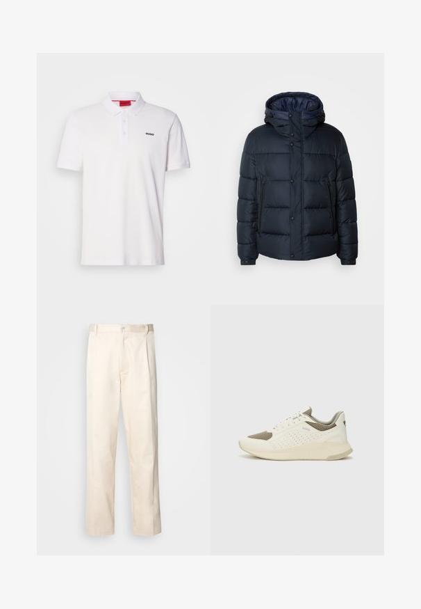 Tengerészkék pufi dzseki kapucnival, steppelt mintával, elöl cipzárral és patentos záródással, két oldalsó zsebbel és rugalmas mandzsettákkal.; Fehér polo póló klasszikus gallérral, rövid ujjak, három gombos nyak, és fekete 'HUGO' logó a bal mellen. Simáciikú anyag.; Beige pamut nadrág egyenes szárú kivágással, gombos záródással és elülső redőkkel a részletek fokozása érdekében.; Fehér és világos bézs sportcipő, légies hálós felsőrésszel, perforált részletekkel és texturált középtalppal, amelyen a saroknál a márka logója található.