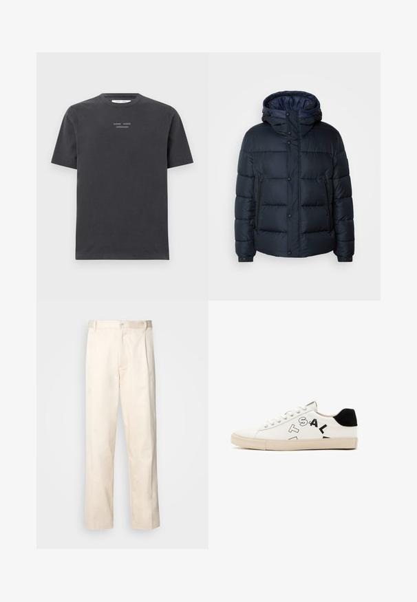 Tengerészkék pufi dzseki kapucnival, steppelt mintával, elöl cipzárral és patentos záródással, két oldalsó zsebbel és rugalmas mandzsettákkal.; Sötét szürke pamut póló rövid ujjakkal és kerek nyakkivágással, amelyen fehér hímzett felirat látható: "SAMSØE SAMSØE COPENHAGEN" a mellkason.; Beige pamut nadrág egyenes szárú kivágással, gombos záródással és elülső redőkkel a részletek fokozása érdekében.; Fehér bőr sportcipő fekete kiegészítőkkel a sarkán, élénk fekete felirattal az oldalon és gumitalppal. Minimalista dizájn.