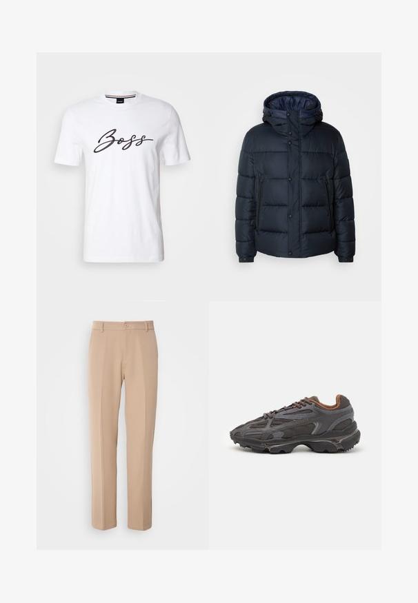 Námořnická páperová bunda s kapucí, prošívaný design, přední zip a patentky, dvě boční kapsy a pružné manžety.; Bílá bavlněná tričko s krátkými rukávy, na kterém se přes hrudník nachází černý kurzívou psaný text "Boss". Kolo výstřih, hladká textura.; Béžové kalhoty vyrobené z hladkého materiálu, s rovnými nohavicemi, předním zapínáním na knoflík a jemnými sklady podél přední části.; Sněrovací boty Lacoste v tmavě šedé barvě s síťovinou a syntetickým materiálem, prezentující texturovanou podrážku a hnědé detaily na límci a logu.