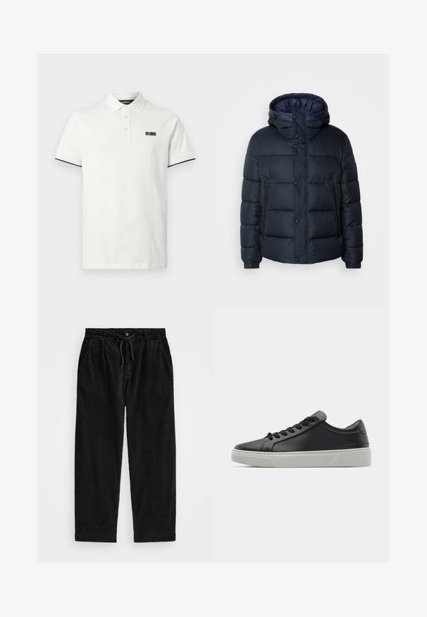 Marinblå puffjacka med huva, quiltat mönster, dragkedja och tryckknappar fram, två sidofickor och elastiska ärmslut.; Vit pikétröja med kort ärm, tre knappar, svart kant på ärmsluten och liten svart broderad text på vänster bröst.; Svarta kordflamsbyxor med en avslappnad passform, med ett elastiskt midjeband och dragsko, samt sidofickor. Tyget har en ribbad struktur.; Svart lädersneaker med en slät yta, rund tå och svarta skosnören. Har en tjock, vit gummisula med subtila geometriska accenter.