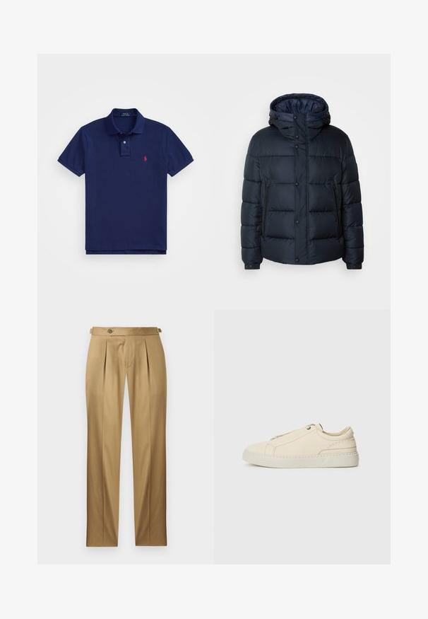 Tengerészkék pufi dzseki kapucnival, steppelt mintával, elöl cipzárral és patentos záródással, két oldalsó zsebbel és rugalmas mandzsettákkal.; Tengerészkék pólóing klasszikus gallérral, rövid ujjakkal és vörös hímzett logóval a bal mellen. Puha pamutból készült.; Betétes egyenes szabású bézs nadrág, redőkkel, gombos záródással és övbújtatókkal. Simább anyag, tiszta, szabott megjelenéssel.; Beige bőr sneaker, lekerekített orral, minimalista dizájnal, finom varrási részletekkel és texturált felsőrésszel, világos talpon.