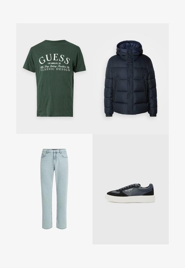Jūras spēku krāsas pūkaina jaka ar kapuci, ar šuvju dizainu, priekšējo rāvējslēdzēju un pogu aizdari, divām sānu kabatām un elastīgām aprocēm.; Tumši zaļš kokvilnas T-krekls ar īsām piedurknēm, uz kura ir balti drukāti vārdi: "GUESS LOS ANGELES, CA, KLASISKAIS DIZAINS." Vienkārša apaļā kakla izgriezums.; KARL LAGERFELD DISNEY STRAIGHT-FIT - Džinsi ar taisnām starām - light blue denim; Melnas un tumši zilas kedas, kas izgatavotas no ādas un zamša, ar blīvu baltu starplēcu, apaļu purngalu un teksturētām akcentiem. Šņores atbilstošā krāsā.