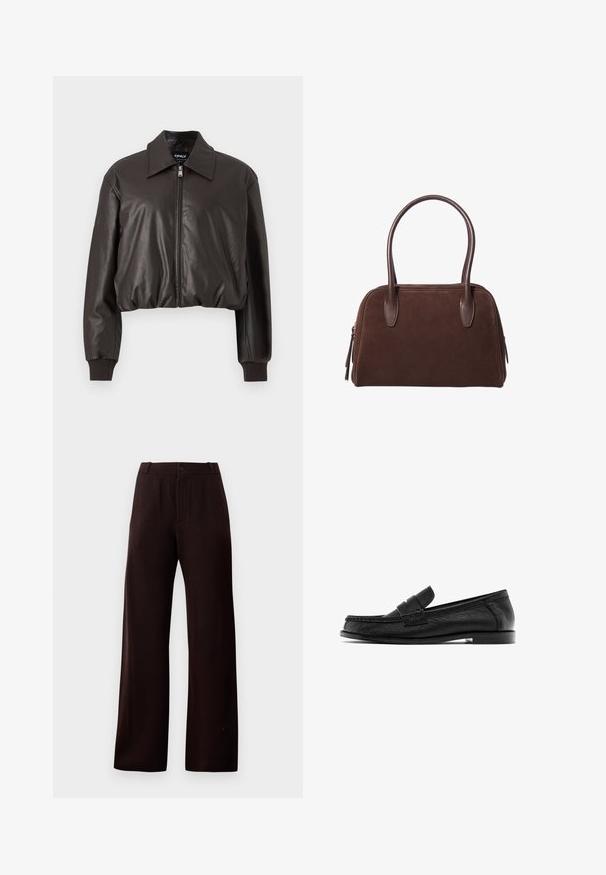 Brown cropped leather jacket with a smooth texture, a wide collar, a front zipper, and ribbed cuffs. Features a relaxed fit and minimal design.; Navy blue long-sleeve cropped top, made from soft cotton material with a boat neckline and straight cut. Smooth, lightweight texture.; Dark brown wide-leg trousers with zipper fly, button closure, and belt loops, displayed on plain background.; Black leather loafers with a stitched design, featuring a raised strap over the vamp and a low stacked heel. Smooth texture and classic shape.; Brown suede handbag with a rounded shape, dual leather handles, side zipper, and minimal stitching, featuring a smooth texture.; Brown leather gloves with a smooth texture, featuring five fingers, elastic wrist, and decorative stitching along the edge.