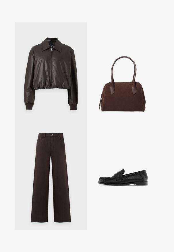 Brown cropped leather jacket with a smooth texture, a wide collar, a front zipper, and ribbed cuffs. Features a relaxed fit and minimal design.; Navy blue long-sleeve cropped top, made from soft cotton material with a boat neckline and straight cut. Smooth, lightweight texture.; Wide-leg trousers in dark brown cotton fabric. Features a button closure and front pockets, with a smooth texture and clean lines.; Black leather loafers with a stitched design, featuring a raised strap over the vamp and a low stacked heel. Smooth texture and classic shape.; Brown suede handbag with a rounded shape, dual leather handles, side zipper, and minimal stitching, featuring a smooth texture.; Brown leather gloves with a smooth texture, featuring five fingers, elastic wrist, and decorative stitching along the edge.