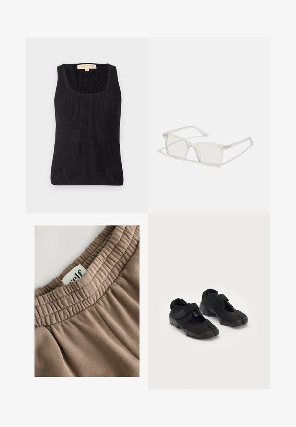 Ruda trumpa odinė striukė su lygiu paviršiumi, plačiu apykakle, priekiniais užtrauktukais ir raukšlėmis prie rankovių. Turi laisvą siluetą ir minimalų dizainą.; Juodas raštuotas rankovių marškinėlis su kvadratiniu iškirpimu ir prigludusia siluetu. Lygus paviršius su minimaliu dekoravimu ir etikete gale.; Rudos spalvos elastinga juosmeninė juosta su susiraukšlėjusia tekstūra, pritvirtinta etiketė su užrašu "sava," ir minkšta medžiaga pasižymi lygiu paviršiumi ir neutraliu atspalviu.; Juodos vandens bateliai, pagaminti iš lanksčios medžiagos, su Velcro juosta, turintys unikalų padalintą pirštų dizainą ir tekstūruotą guminį padas, užtikrinantį sukibimą.; Permat nuleidžiai skaidrūs kvadrato formos akinius su permatomais lęšiais, kurie turi auksines detales ant šventyklų.