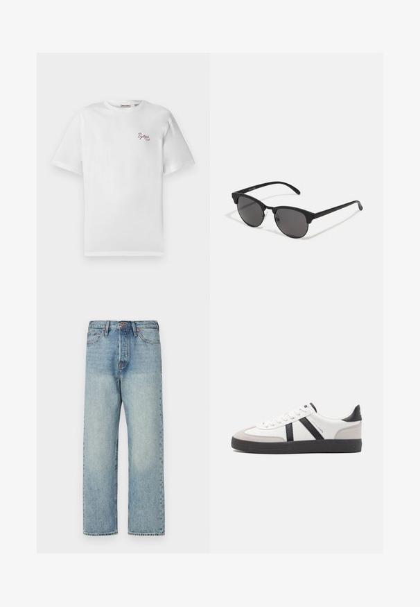 Chaqueta acolchada marrón con capucha, con cierre de cremallera y puños elásticos, fabricada con un material brillante con un patrón de acolchado horizontal.; Camiseta blanca de manga corta con pequeño texto color marrón "Dystopia Sounds" en el lado izquierdo del pecho, cuello redondo, fondo liso.; Jeans de mezclilla azul claro con un diseño de pierna recta, cinco bolsillos y herrajes en bronce. Mínima decoloración con un acabado limpio.; Zapatilla blanca con acentos en negro y gris, que presenta una puntera texturizada en gris, suela de goma negra y cordones planos blancos. Diseño limpio, estilo minimalista.; Gafas de sol negras con lentes redondos, acabado mate y una distintiva forma de ojo de gato. Patillas delgadas con un sutil branding en la patilla izquierda.