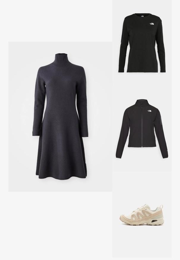 Zwarte zip-up jas met een hoge kraag, textuurstof en een logo op de linker borst. Beschikt over lange mouwen en een slim fit ontwerp.; Donkergrijze, langärmd dress met een hoge hals. A-lijn silhouet, zachte textuur en een zoom die aan de onderkant uitloopt.; Zwart langsluiting T-shirt van katoen met een ronde hals. Heeft een klein wit logo op de linkerkant van de borst. Eenvoudig ontwerp en pasvorm.; Beige en crème sportschoen met een textuur-mesh bovenwerk, ondersteunende overlays en een rubberen zool met een profielpatroon voor grip.