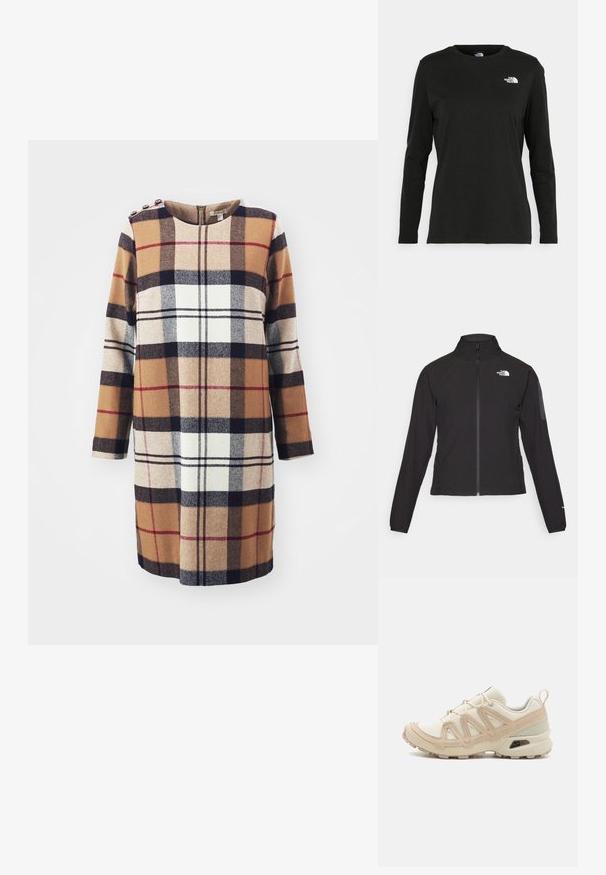 Casaco preto com fecho zip e gola alta, em tecido texturizado, com logo no lado esquerdo do peito. Apresenta mangas longas e um design ajustado.; Vestido em mistura de lã com um grande padrão de xadrez em marrom, preto e branco, mangas compridas, decote redondo e botões decorativos nos ombros.; T-shirt preto de mangas longas, feito de algodão, com decote redondo. Apresenta um pequeno logótipo branco na área esquerda do peito. Design simples e ajuste confortável.; Sapatilha atlética beige e creme com parte superior em malha texturizada, sobreposições de suporte e sola de borracha com um padrão de cravo para tração.