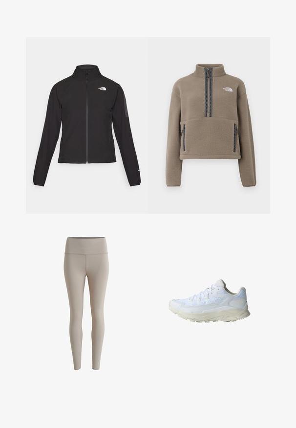 Veste noire zippée avec un col haut, tissu texturé et logo sur la poitrine gauche. Elle possède des manches longues et une coupe ajustée.; Pullover en polaire marron avec zip à moitié ouvert, col haut, poche avant en forme de poche kangourou, et zips texturés contrastants. Logo sur le haut du côté gauche de la poitrine.; Leggings beiges en tissu extensible, avec une taille haute et une texture lisse, sans motifs visibles ni détails en métal.; Chaussure de sport blanche avec dessus en maille et synthétique, semelle texturée, bout arrondi et lacets plats. Présente des accents gris clair et un logo.