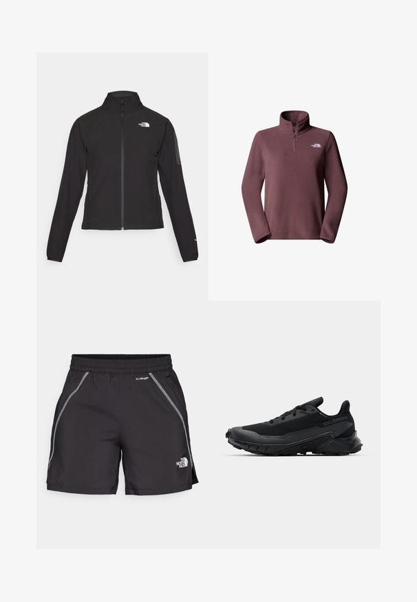 Černá zipová bunda s vysokým límcem, texturovaná tkanina a logo na levé hrudi. Má dlouhé rukávy a přiléhavý design.; Fleeceový pulovr v hluboké slivkové barvě s čtvrt zipem, dlouhými rukávy a malým bílým logem na hrudi. Hladká textura a uvolněný střih.; Černé sportovní šortky vyrobené z lehkého materiálu mají elastický pas, reflexní detaily a logo "The North Face" na levé straně.; Černá běžecká obuv s texturovanou gumovou podrážkou, prodyšným svrchním materiálem a plochými tkaničkami. Obsahuje podpůrný opatek a elegantní design.