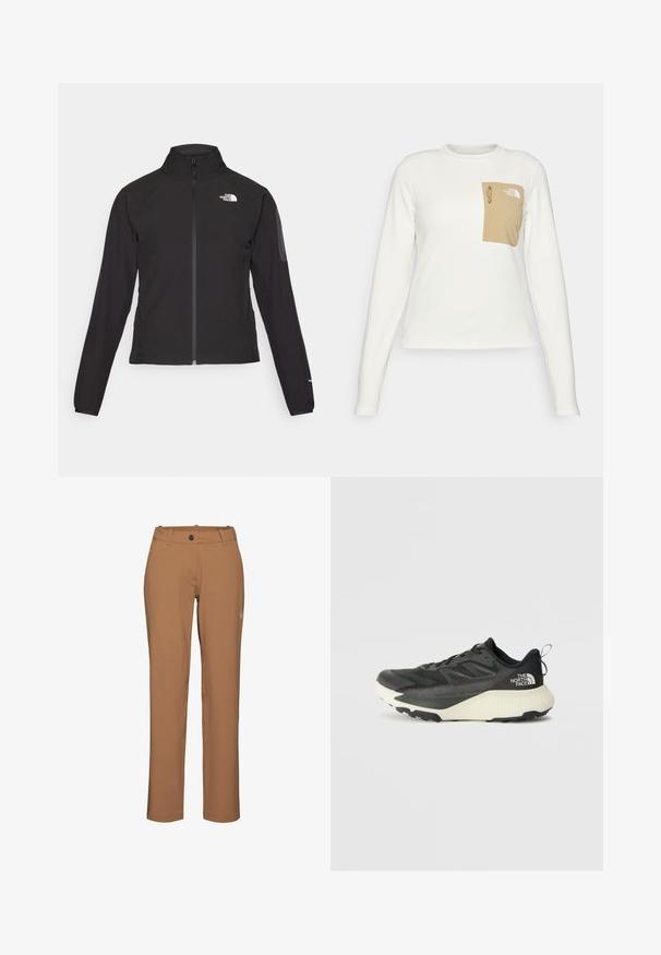 Chaqueta negra con cremallera y cuello alto, de tela texturizada, y logo en el lado izquierdo del pecho. Con mangas largas y un diseño ajustado.; Camisa blanca de manga larga hecha de tejido texturizado, con un bolsillo de parche beige que presenta un cordón y un logo.; Mammut Pantalones montañeros largos - claystone; Zapatilla deportiva negra con parte superior texturizada, que presenta acentos grises y una entresuela blanca. Incluye una lengüeta y un logotipo de la marca destacado en el talón.