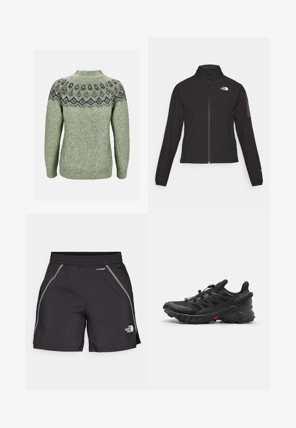 Zwarte zip-up jas met een hoge kraag, textuurstof en een logo op de linker borst. Beschikt over lange mouwen en een slim fit ontwerp.; Groen gebreid trui met hoge kraag, voorzien van een donker patroon op de yoke en geribbelde manchetten, gemaakt van een zachte, gestructureerde wolmix.; Zwarte sportshorts van lichtgewicht materiaal, voorzien van een elastische tailleband, reflecterende details en het logo "The North Face" aan de linkerkant.; Zwarte sportieve schoenen met een gestructureerde bovenkant, voorzien van een veilig vetersysteem, een gevoerde zool en een opvallende rode accent aan de zijkant.