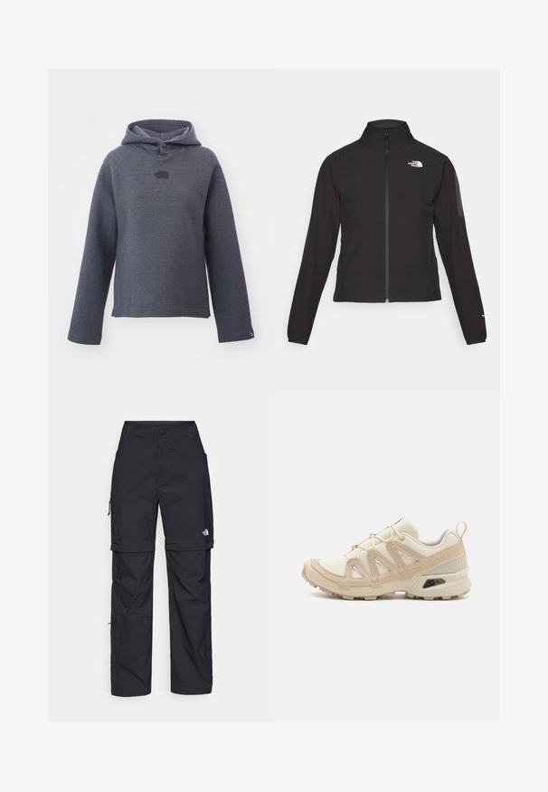 Jachetă neagră cu fermoar și guler înalt, din material texturat, cu logo pe partea stângă a pieptului. Prezintă mâneci lungi și un design ajustat.; The North Face RELAXED HOODIE - Bluză de molton - black heather; Pantaloni cargo din nylon negru, cu fermoar detașabil, manșete ajustabile, multiple buzunare și un logo pe piciorul drept. Textură netedă și ușoară.; Pantofii sport bej și crem au un superior din plasă texturată, suprapuneri de susținere și o talpă din cauciuc cu un model de profil pentru aderență.