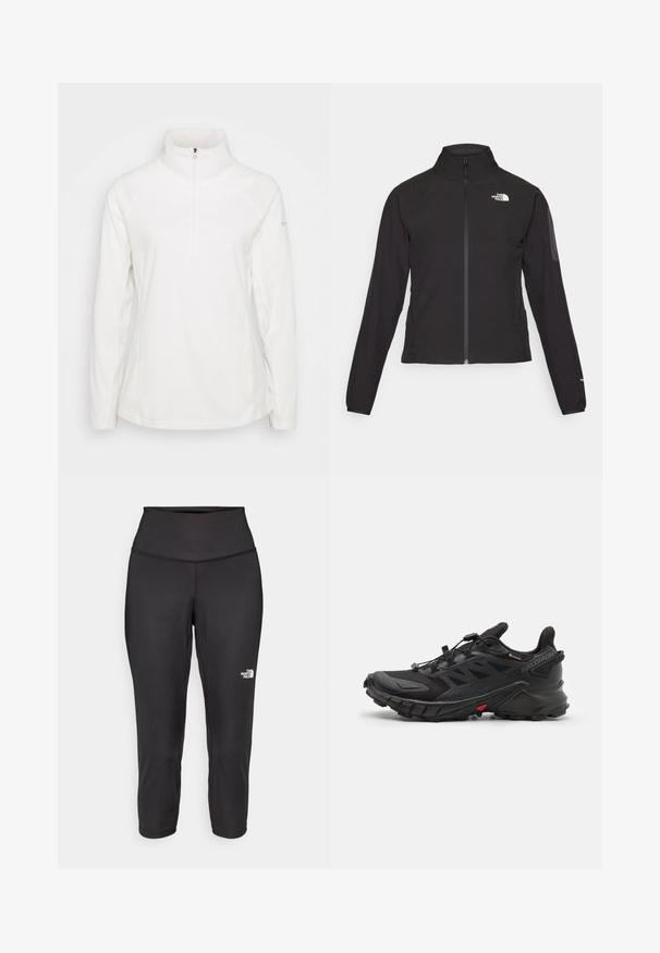 Melna ar rāvējslēdzēju aizdara jaka ar augstu apkakli, teksturētu audumu un logotipu kreisajā krūtī. Satur garas piedurknes un pieguļošu dizainu.; Balts vilnas pullovers ar augstu apkakli un pusseparatoru, piedāvājot raglanu piedurknes un gludu tekstūru. Vienkāršs un funkcionāls dizains.; Melnas kapri legingu bikses, kas izgatavotas no elastīga auduma, ar augstu jostasvietu un mazu baltu logo kreisajā pusē. Gluda tekstūra.; Melni sporta apavi ar teksturētu virsotni, kas aprīkoti ar drošu auklu sistēmu, mīkstu zoli un izteiksmīgu sarkanu akcentu sānos.