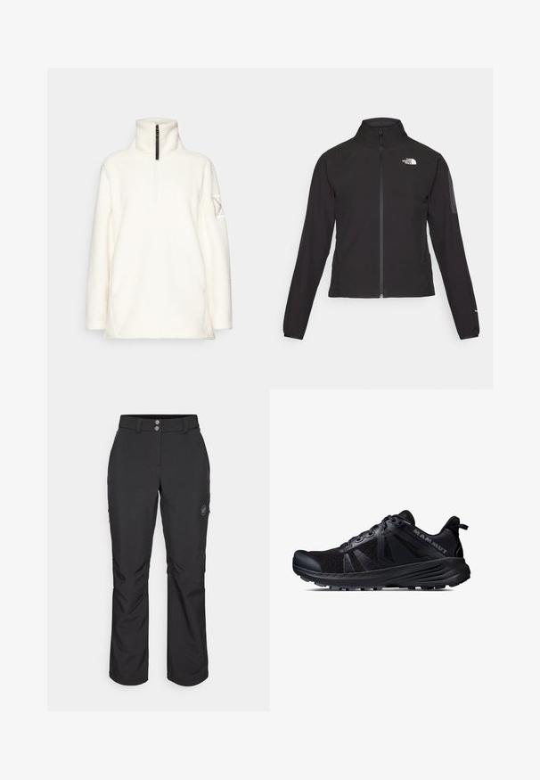 Zwarte zip-up jas met een hoge kraag, textuurstof en een logo op de linker borst. Beschikt over lange mouwen en een slim fit ontwerp.; Witte fleece pullover met een hoge kraag, een halve ritssluiting aan de voorkant, lange mouwen en een unieke, gemusterde accent op de linker mouw.; Zwarte outdoor pants met een rechte snit, voorzien van een knoopsluiting, ritszakken aan de zijkant en een logo-label op de linker bovenbeen.; Zwarte trailrunningschoen met een mesh bovenkant en rubberen zool. Heeft textuur overlays, een versterkte neuskap en het merkteken op de hiel.