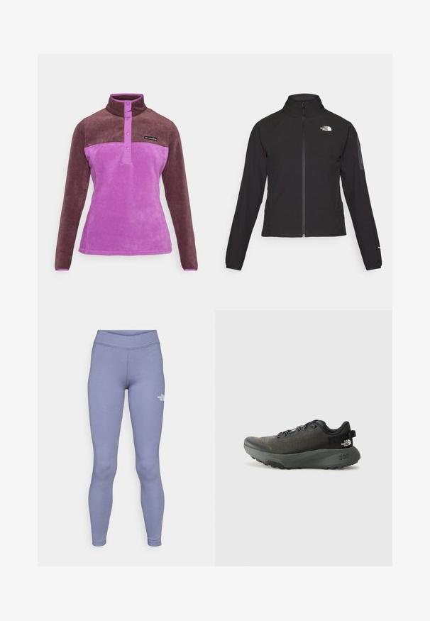 Črna zip-up jakna z visokim ovratnikom, teksturirano blago in logotipom na levem prsnem delu. Ima dolge rokave in prilega se.; Vijoličen in rjav flis pulover z visokim ovratnikom, gumbom za zapiranje in mehko teksturo. Ima logotip na predelu prsnega koša.; Modre športne legice iz mehke, raztegljive tkanine. Imajo visok pas in majhen bel logo na levem stegnu.; Temno sivi športni čevelj z teksturirano zgornjico iz blaga, ravnimi vezalkami, ojačanim prstom in debelim, robustnim podplatom za oprijem. Na peti je embosirano število 300.