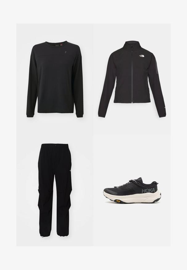 Sort zip-jacket med høj krave, struktureret stof og logo på venstre bryst. Har lange ærmer og en tætsiddende design.; Sort langærmet skjorte med tekstureret stof, rund hals og et subtilt logo på brystet. Har en afslappet pasform og syet detaljer.; Sorte udendørsbukser lavet af slidstærkt materiale, med en afslappet pasform, elastisk talje og tilpassede lukninger ved anklerne for justerbar længde.; Sorte løbesko med et åndbart mesh-overdel, gummisåler, hvid dæmpningsmellemsål og reflekterende snørebånd. Vibram-logo på sålen.