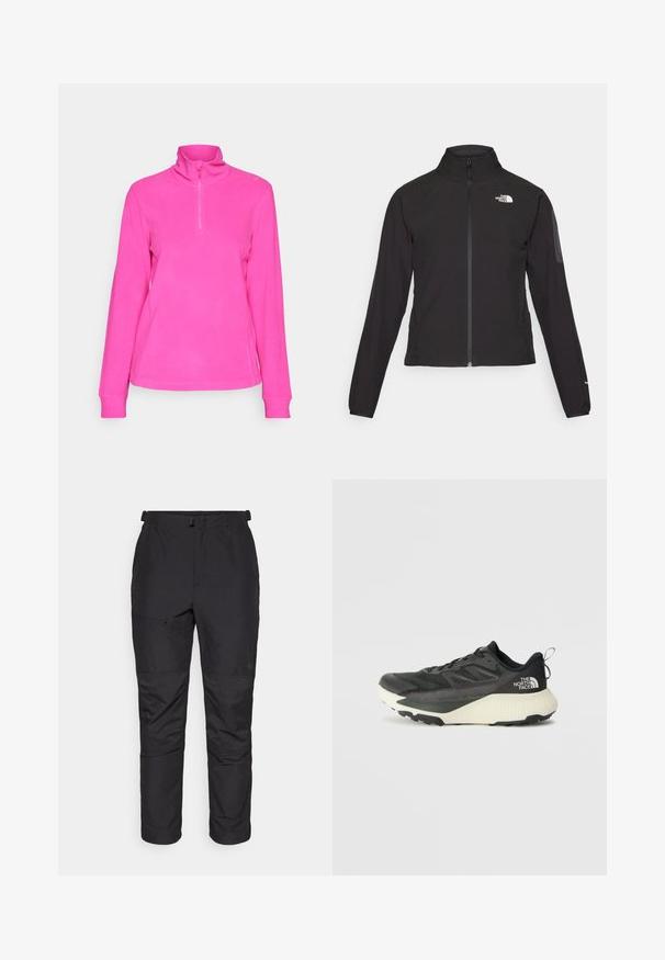 Črna zip-up jakna z visokim ovratnikom, teksturirano blago in logotipom na levem prsnem delu. Ima dolge rokave in prilega se.; CMP WOMAN - Pulover iz flisa - festival; Črne zunanje hlače iz lahkega materiala, z gladko teksturo, elastičnim pasom, žepom na zadrgo in panelaškim detaljem na spodnjem delu nog. ; Črne atletske čevlje z teksturiranim zgornjim delom, ki imajo sivo obrobo in belo srednjo podplat. Vključujejo zanko za vprego in izstopajočo blagovno znamko na peti.