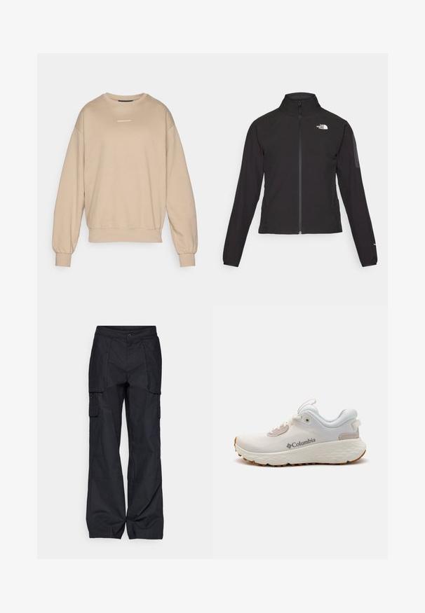 Black zip-up jacket with a high collar, textured fabric, and logo on the left chest. Features long sleeves and a fitted design.; Beige sweatshirt made of soft fabric, featuring a crew neck, ribbed cuffs, and a small white logo on the chest. Structured and relaxed fit.; Columbia BREA FALLS™ COTTON RIPSTOP PANT - Outdoor trousers - black; Lightweight Columbia athletic shoe in white mesh with a textured gray sole and rubber traction. Features a padded collar and lace-up design.