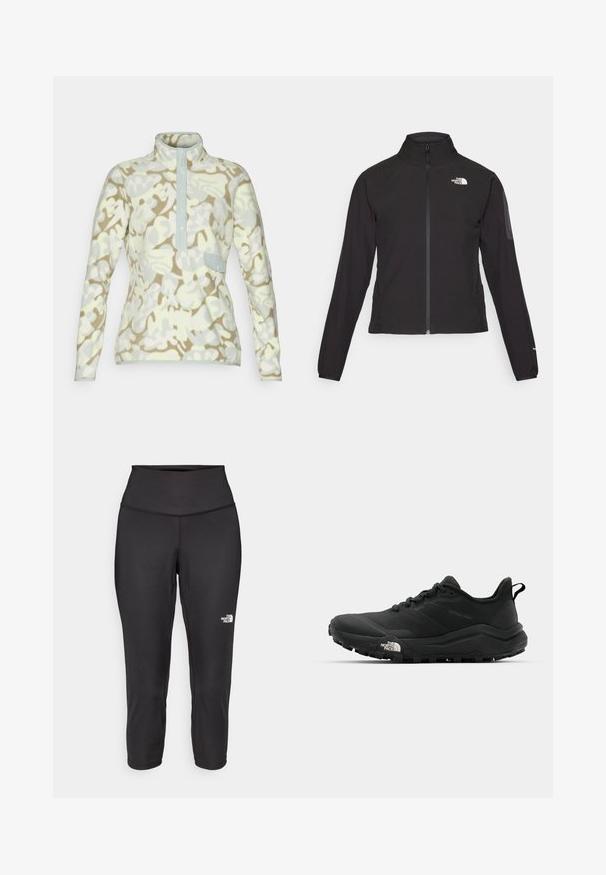Black zip-up jacket with a high collar, textured fabric, and logo on the left chest. Features long sleeves and a fitted design.; Fleece pullover in light yellow and beige camo pattern, featuring a high collar, button placket, and a chest pocket with a flap.; Black capri leggings made from stretchy fabric, featuring a high waistband and a small white logo on the left side. Smooth texture.; The North Face OFFTRAIL VERSA - Hiking shoes - tnf black/tnf white