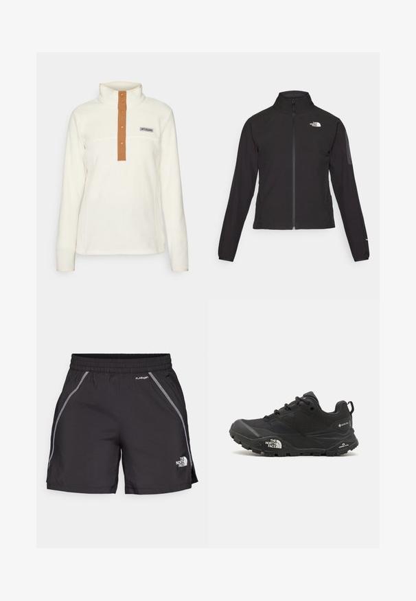 Giacca nera con zip e colletto alto, tessuto testurizzato e logo sul lato sinistro del petto. Presenta maniche lunghe e un design aderente.; Pullover in pile di colore crema con colletto alto, dotato di patta con bottoni marroni e patch logo. Il design semplice enfatizza il comfort e il calore.; Shorts sportivi neri realizzati in materiale leggero, con una vita elastica, dettagli riflettenti e il logo "The North Face" sul lato sinistro.; Scarpa da trekking nera con una tomaia texturizzata, chiusura con lacci e una suola di gomma spessa che presenta un logo prominente sul lato e disegni del battistrada.