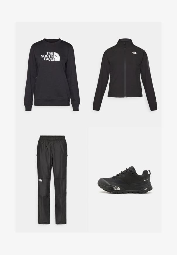 Casaco preto com fecho zip e gola alta, em tecido texturizado, com logo no lado esquerdo do peito. Apresenta mangas longas e um design ajustado.; Sweatshirt preto com gola redonda, mangas longas, punhos canelados e um logo branco "The North Face" centralizado na frente. Textura suave.; Calças pretas à prova d'água feitas de um tecido leve, com cintura elástica, bolsos laterais e um logótipo na perna esquerda.; Shoe de caminhada preto com um upper texturizado, fecho de atacador e uma sola de borracha robusta com um logótipo proeminente na lateral e padrões de piso.