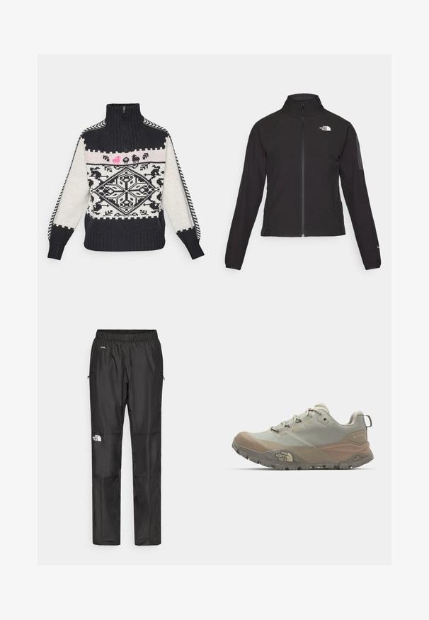 Black zip-up jacket with a high collar, textured fabric, and logo on the left chest. Features long sleeves and a fitted design.; Knit pullover with a high collar, featuring a geometric black and white pattern, pink animal motifs, and ribbed cuffs.; Black waterproof pants made from lightweight fabric, featuring an elastic waistband, side pockets, and a logo on the left leg.; Light gray athletic shoe with beige accents, made from synthetic material. Features a rugged sole, lace-up design, and branding on the side.