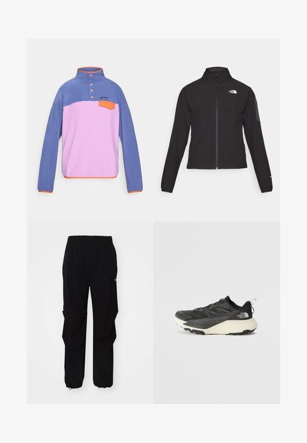 Juodas zip-up švarkas su aukšta apykakle, tekstūruotu audiniu ir logotipu kairėje krūtinės pusėje. Pasižymi ilgu rankovėmis ir prigludusia forma.; Paminkštintas megztinis su aukštu apykakle, turintis mėlyną viršutinę dalį, rožinę apatinę dalį, oranžinius akcentus, tris mygtukus ir mažą priekinę kišenę.; Juodos lauko kelnės, pagamintos iš tvirto medžiagos, su laisvu siluetu, elastinga juosmens juosta ir surišamais rankogaliais, leidžiančiais reguliuoti ilgį.; Juodas sportinis batas su tekstūruota viršutine dalimi, su pilkomis detalėmis ir baltu viduriu. Apima pakėlimo juostelę ir ryškų prekės ženklo logotipą ant kulno.