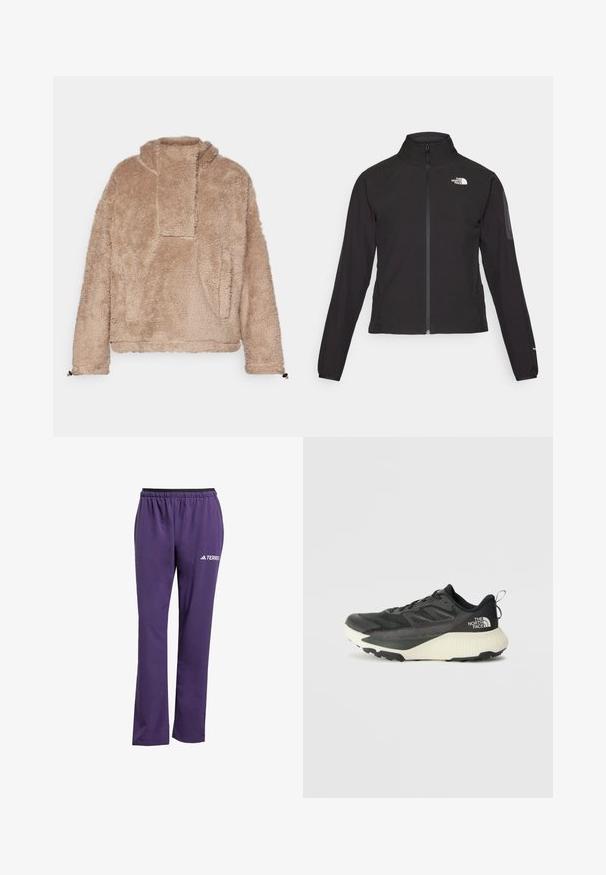 Zwarte zip-up jas met een hoge kraag, textuurstof en een logo op de linker borst. Beschikt over lange mouwen en een slim fit ontwerp.; Fuzzy beige trui met hoge kraag, voorzien van een drop shoulder ontwerp en zijzakken. Textiel met een zachte, pluche uitstraling.; Paarse sportbroeken met een zwarte elastische tailleband, recht gesneden ontwerp, en een witte "TERREX" logo aan de linkerkant. Soepele textuur.; Zwarte sportieve schoen met een gestructureerde bovenkant, voorzien van grijze accenten en een witte tussenzool. Inclusief een trekhaak en een opvallend merklogo op de hiel.