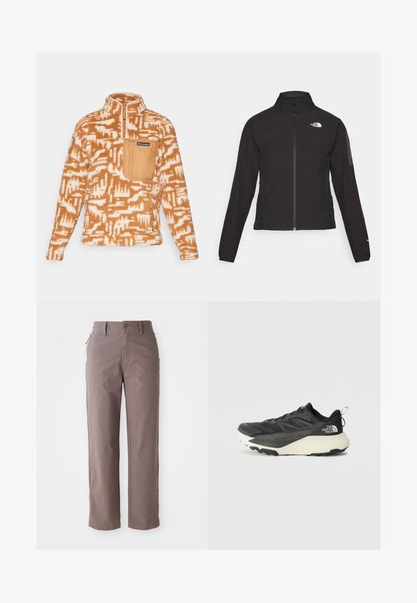 Svart zip-up jakke med høy krage, teksturert stoff, og logo på venstre bryst. Har lange ermer og en tettsittende design.; Columbia WEST BEND™ 1/4 ZIP - Fleecegenser - camel brown highland tonal; Brune bomulls twill bukser med rett ben, med frontknap lukking og sidelommer, glatt tekstur og rene linjer.; Svart treningssko med teksturert overdel, med grå detaljer og hvit såle. Har en pull tab og fremtredende merkevarelogo på hælen.
