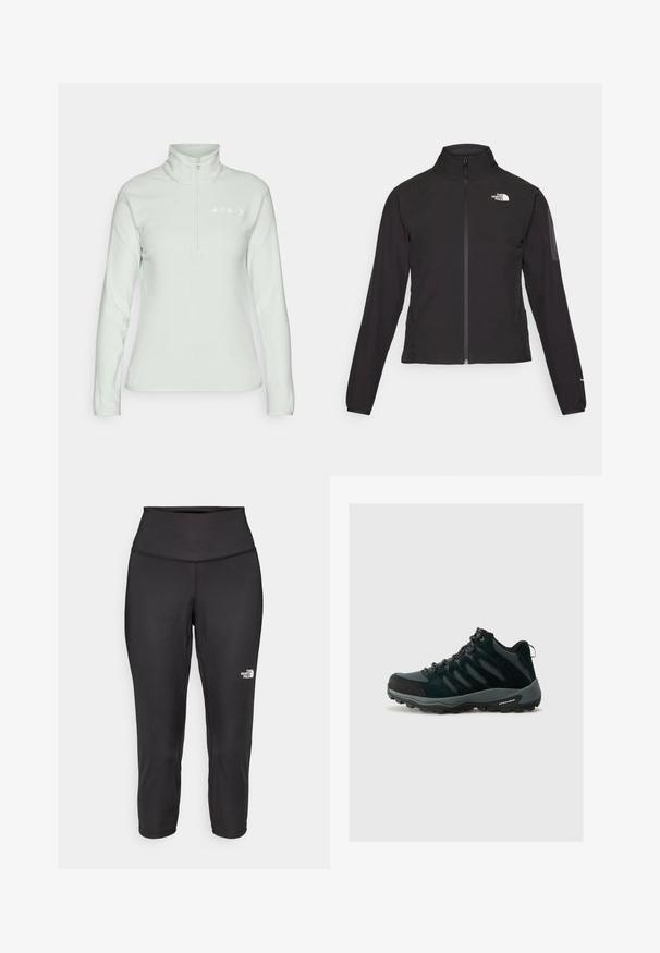 Chaqueta negra con cremallera y cuello alto, de tela texturizada, y logo en el lado izquierdo del pecho. Con mangas largas y un diseño ajustado.; adidas Terrex Suéter de forro polar - linen green; Leggings capri negros hechos de una tela elástica, con una cintura alta y un pequeño logo blanco en el lado izquierdo. Textura suave.; Columbia REDMOND - Zapatillas de senderismo - black/citron haze