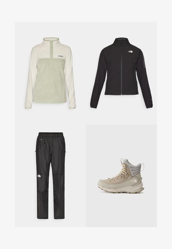 Casaco preto com fecho zip e gola alta, em tecido texturizado, com logo no lado esquerdo do peito. Apresenta mangas longas e um design ajustado.; Columbia BENTON SPRINGS™ 1/2 SNAP - Camisola de lã polar - dark stone/safari; Calças pretas à prova d'água feitas de um tecido leve, com cintura elástica, bolsos laterais e um logótipo na perna esquerda.; Bota de caminhada de cano alto em bege e cinza, com gola acolchoada no tornozelo, sola robusta e o logótipo da The North Face na lateral.