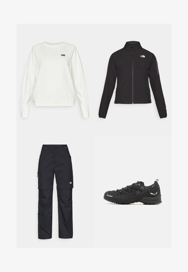 Crna jakna na zip s visokim ovratnikom, teksturirana tkanina i logotip na lijevoj strani prsiju. Ima duge rukave i uski kroj.; Patagonia ESSENTIAL TOP - Sportska majica - wool white; Crne najlon hlače s munjevim zatvaranjem, odvojive cargo hlače s podesivim manžetama, brojnim džepovima i logom na desnoj nozi. Glatka, lagana tekstura.; Crne planinarske cipele s gornjim dijelom od teksturirane tkanine, sistemom vezivanja i čvrstim gumenim potplatom. Osvijetljene reflektirajućim detaljima i logotipima.