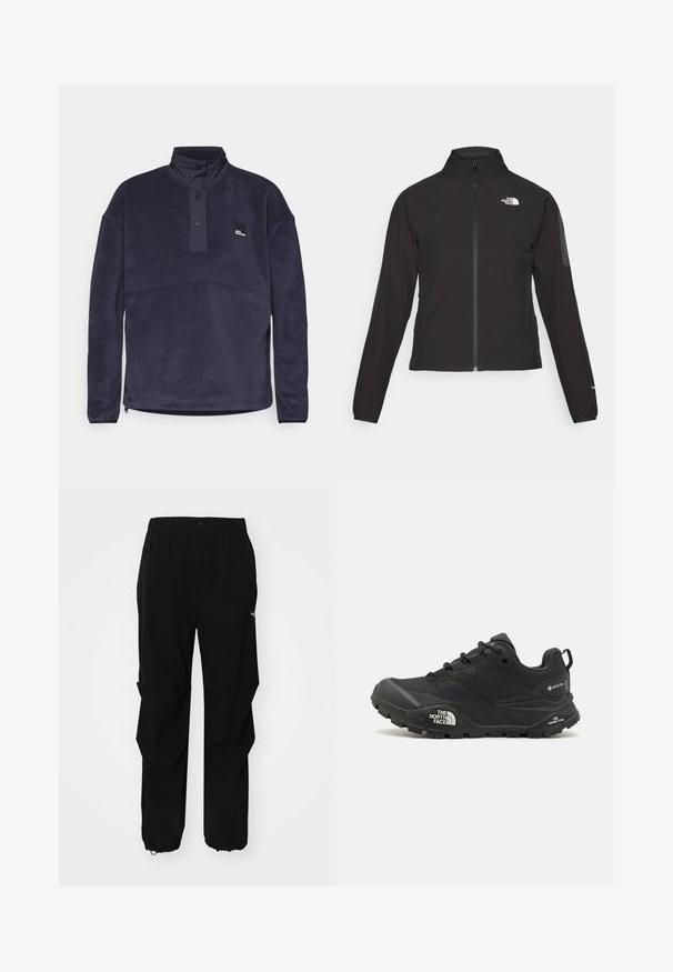 Jachetă neagră cu fermoar și guler înalt, din material texturat, cu logo pe partea stângă a pieptului. Prezintă mâneci lungi și un design ajustat.; Pulover din fleece navy cu guler înalt, închidere cu jumătate de nasture și patch cu logo. Prezintă o textură moale și un design drept.; Pantaloni negri de exterior, confecționați dintr-un material durabil, cu o croială relaxată, talie elastică și manșete strânse pentru lungime ajustabilă.; Shoe de drumeții de culoare neagră cu un suprafață texturată, închidere cu șire, și o talpă din cauciuc masivă, având un logo proeminent pe lateral și modele de bandă.