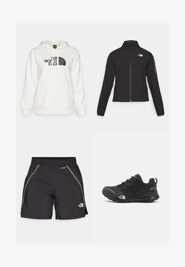 Giacca nera con zip e colletto alto, tessuto testurizzato e logo sul lato sinistro del petto. Presenta maniche lunghe e un design aderente.; The North Face DREW PEAK REGULAR HOODIE - Felpa con cappuccio - white dune; Shorts sportivi neri realizzati in materiale leggero, con una vita elastica, dettagli riflettenti e il logo "The North Face" sul lato sinistro.; Scarpa da trekking nera con una tomaia texturizzata, chiusura con lacci e una suola di gomma spessa che presenta un logo prominente sul lato e disegni del battistrada.