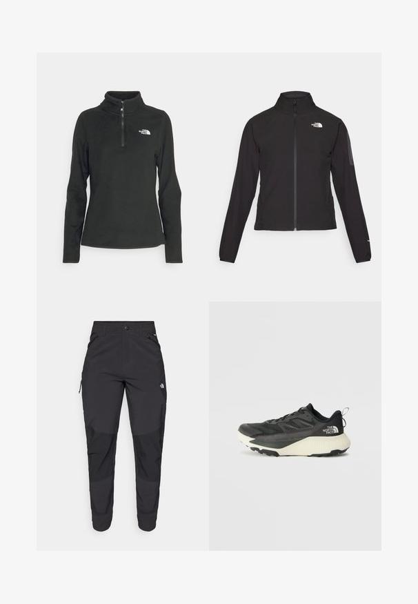 Casaco preto com fecho zip e gola alta, em tecido texturizado, com logo no lado esquerdo do peito. Apresenta mangas longas e um design ajustado.; The North Face GLACIER 1/4 ZIP - Camisola de lã polar - black; Calças pretas para exterior feitas de um tecido resistente. Apresentam bolsos com fecho, painéis de joelhos reforçados e um design de corte reto para maior mobilidade.; Shoe atlético preto com um cabedal texturizado, apresentando detalhes em cinza e uma entressola branca. Inclui uma alça e um logótipo da marca em destaque no calcanhar.