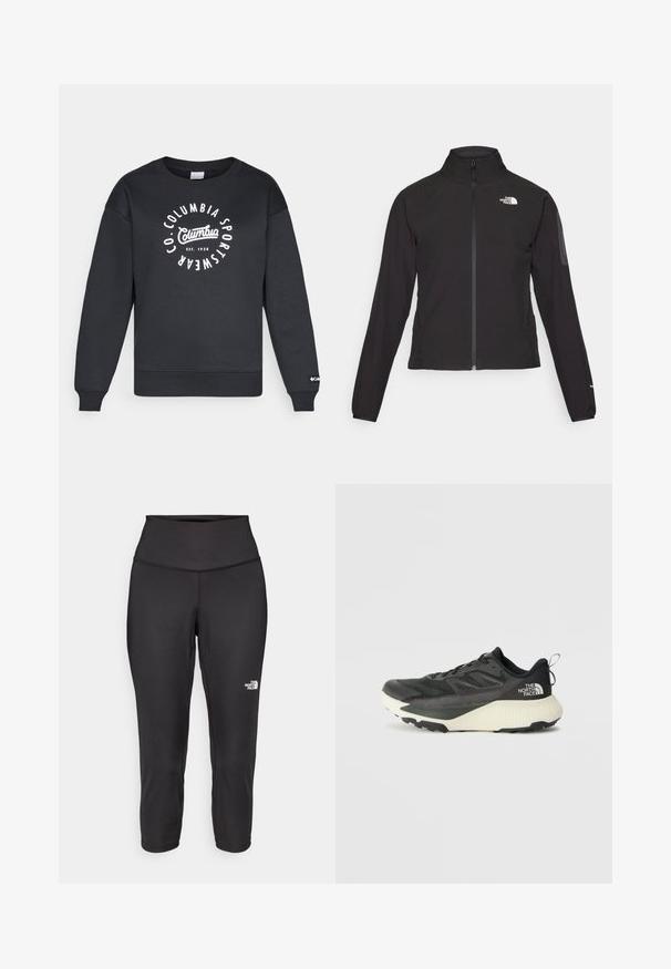 Juodas zip-up švarkas su aukšta apykakle, tekstūruotu audiniu ir logotipu kairėje krūtinės pusėje. Pasižymi ilgu rankovėmis ir prigludusia forma.; Juodas megztinis su apvalia kaklo išpjova, raštuotais rankogaliais ir apatine dalimi. Yra apskrita balta etikete su "Columbia Sportswear" tekstu ir įkūrimo data.; Juodos capri tipo leggingai, pagaminti iš tamprios medžiagos, su aukštu juosmeniu ir mažu baltu logotipu kairėje pusėje. Lygi tekstūra.; Juodas sportinis batas su tekstūruota viršutine dalimi, su pilkomis detalėmis ir baltu viduriu. Apima pakėlimo juostelę ir ryškų prekės ženklo logotipą ant kulno.