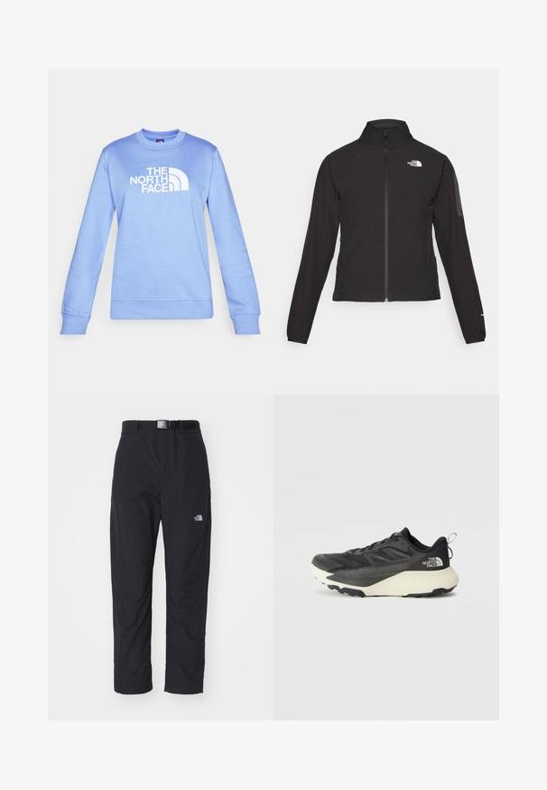 Black zip-up jacket with a high collar, textured fabric, and logo on the left chest. Features long sleeves and a fitted design.; Light blue sweatshirt made of cotton blend, featuring long sleeves, a crew neckline, and a large white logo on the front.; The North Face ABUKUMA LOOSE PANT - Trousers - black; Black athletic shoe with a textured upper, featuring gray accents and a white midsole. Includes a pull tab and prominent brand logo on the heel.