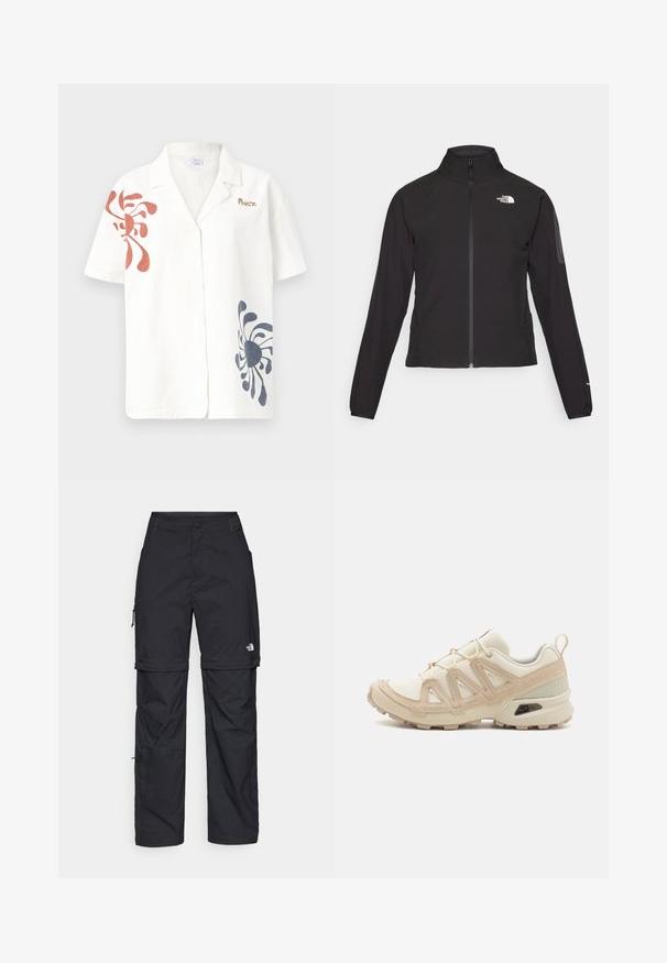 Veste noire zippée avec un col haut, tissu texturé et logo sur la poitrine gauche. Elle possède des manches longues et une coupe ajustée.; Chemise en lin à manches courtes de couleur blanc cassé avec des motifs abstraits rouges et bleus marine. Dotée d'un col classique et d'une fermeture à boutons. Accent logo doré.; Pantalons cargo en nylon noir, à zip amovible, avec chevilles ajustables, plusieurs poches et un logo sur la jambe droite. Texture lisse et légère.; Baskets de sport beiges et crème avec une tige en mesh texturé, des superpositions de soutien et une semelle en caoutchouc dotée d'un motif de crampons pour une traction.