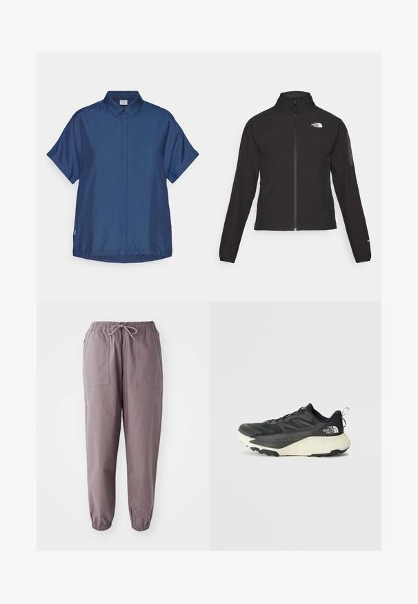 Crna jakna na zip s visokim ovratnikom, teksturirana tkanina i logotip na lijevoj strani prsiju. Ima duge rukave i uski kroj.; Tamnoplavi kratki rukav košulja od glatkog materijala. Sadrži klasični ovratnik, prednje kopčanje na dugme i opušteni kroj s ravnim rubom.; Sive hlače s elastičnim pojasom i vezicom, s dva prednja džepa i suženim gležnjevima, prikazane na bijeloj pozadini.; Crna atletska cipela s teksturiranim gornjim dijelom, sivim detaljima i bijelim međuslojem. Ima držač i istaknutu marku na peti.