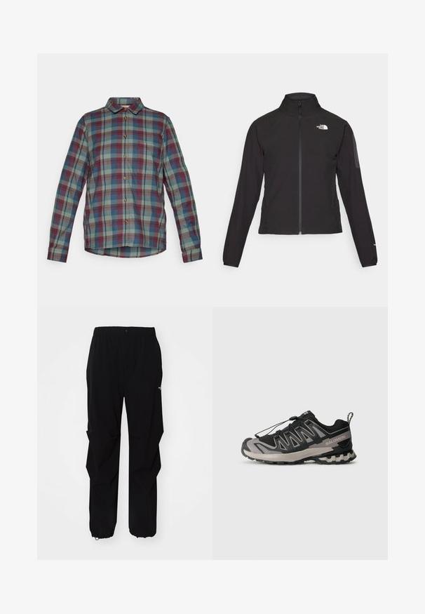 Black zip-up jacket with a high collar, textured fabric, and logo on the left chest. Features long sleeves and a fitted design.; Long-sleeve button-up shirt with green, blue, and red plaid pattern and a front chest pocket.; Black outdoor pants made from durable material, featuring a relaxed fit, elastic waistband, and cinched cuffs for adjustable length.; Black and gray athletic shoe with mesh upper, rubber sole, and elastic lace system. Features a reinforced toe and textured accents.