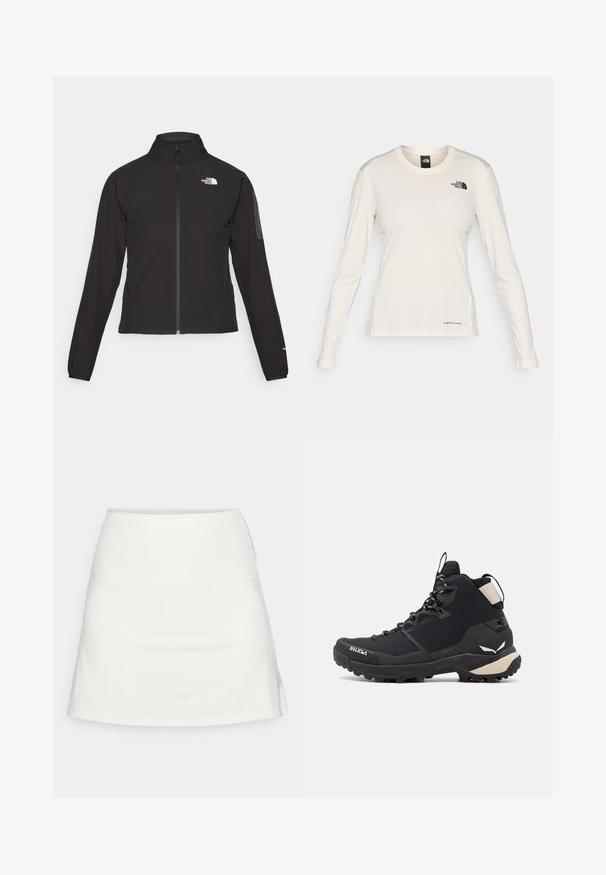 Svart zip-up jakke med høy krage, teksturert stoff, og logo på venstre bryst. Har lange ermer og en tettsittende design.; The North Face SHADOW LONG SLEEVE - Topper langermet - white dune; Hvit a-line skjørt med en jevn tekstur, midt på låret lengde, og subtile sømdetaljer på siden. Ingen synlige lukkinger eller mønstre.; Salewa PUEZ MID PTX - Fjellsko - black